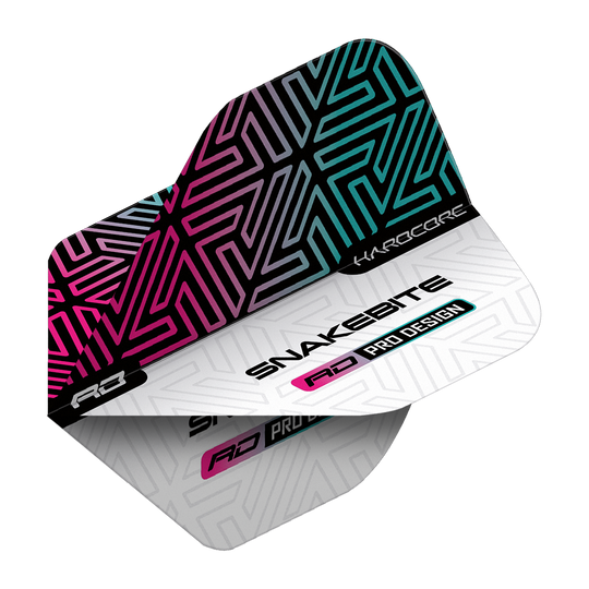 TF6842_Red_Dragon_Hardcore_Peter_Wright_Snakebite_White_Rainbow_Standard_Flights_2B4jEzcDI512Ja Das Bild zeigt ein Dart-Flight mit einem modernen, bunten Muster in Schwarz, Pink und Blau. Auf dem Flight steht "Snakebite", "Hardcore" und "RD Pro Design".