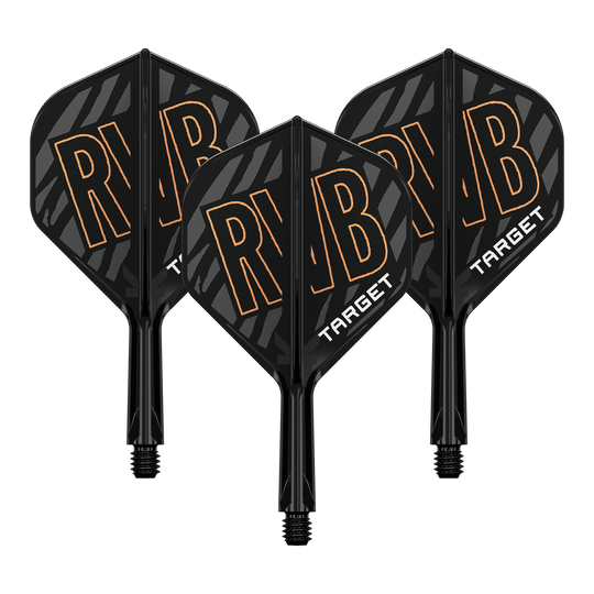 Target K-Flex Raymond Van Barneveld No2 Standard Flight Shaft System Auf dem Bild sind drei schwarze Dart Flights mit dem orangefarbenen Schriftzug "RVB" zu sehen. Unten auf den Flights steht in weißer Schrift das Wort "TARGET".