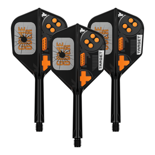 Das Bild zeigt ein Set von Dart Flights. Es handelt sich um das Modell 410577 Target K-Flex GameOver No6 Flights 26mm 1Set.