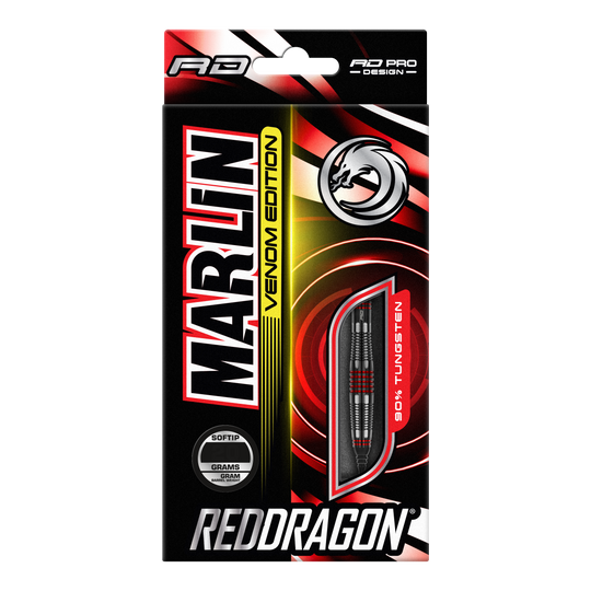 Red Dragon Marlin Venom Soft Darts - 22g Die Abbildung zeigt die Verpackung der "Red Dragon Marlin Venom Softdarts - 22g". Die Verpackung ist schwarz-rot gestaltet und hebt die Darts mit 90% Tungsten-Anteil hervor.