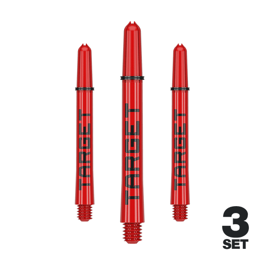 Target Pro Grip TAG Shafts - 3 Sets - Red Das Bild zeigt drei rote Dartschäfte mit der Aufschrift "TARGET". Unten rechts steht "3 SET", was auf ein Set mit drei Stück hinweist.