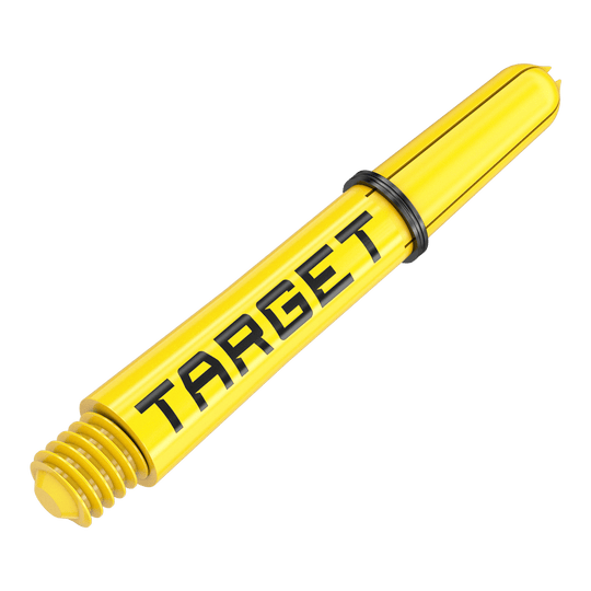 Target Pro Grip TAG Shafts - 3 Sets - Yellow Dies ist ein gelber Dart-Schaft mit der schwarzen Aufschrift "TARGET". Er verfügt über ein Schraubgewinde und einen schwarzen Gummiring.