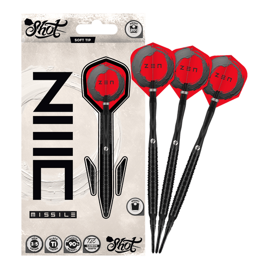 Shot ZEN Missile Soft Darts - 20g Auf dem Bild ist der vollständige Satz der Shot ZEN Missile Softdarts - 20g zu sehen. Diese Pfeile sind für anspruchsvolle Dartspieler konzipiert.