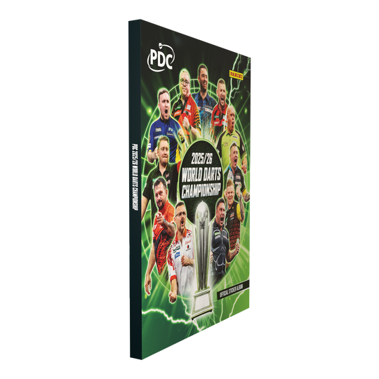Panini PDC World Darts Championship 2025/26 - Hardcover Bundle with a sticker box Das Bild zeigt das Panini PDC World Darts Championship 2025/26 Official Sticker Hardcover Sammelalbum. Das stabile Album ist perfekt zum Aufbewahren und Präsentieren der gesammelten Sticker geeignet.