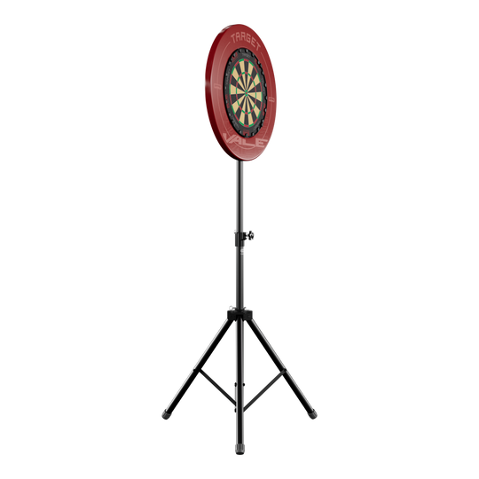 Das Bild zeigt einen Dartboard-Ständer mit einer runden Dartscheibe und rotem Auffangring. Der Ständer hat drei stabile Beine und ist höhenverstellbar.