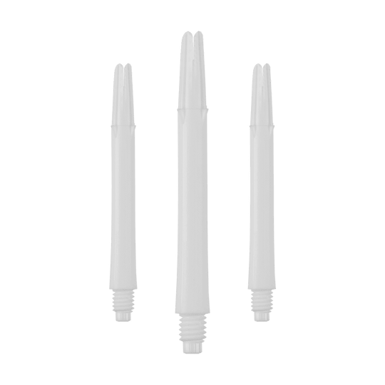 L-L-Style-Shafts Locked Straight - White Das Bild zeigt drei weiße, gerade Dartschäfte mit Gewinde. Sie stehen aufrecht und sind ohne Kappen dargestellt.