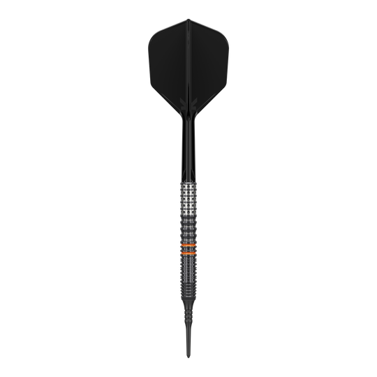Das Bild zeigt einen schwarzen Softdart mit metallischem Griff und feinen Rillen. Es handelt sich um das Produkt "Target Japan Black Marque Morpheus GEN2 Softdarts - 19g".