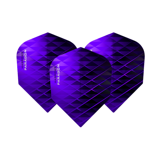 Das Bild zeigt drei Harrows Paragon Purple No2 Standard Flights. Sie sind in einem leuchtenden Lila mit einem geometrischen Muster gestaltet.