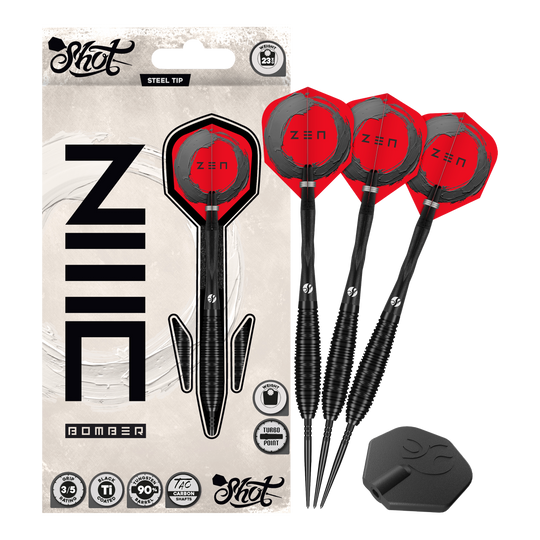 Shot ZEN Bomber Turbo Point steel darts Auf dem Foto ist das Set Shot ZEN Bomber Turbo Point Steeldarts vollständig abgebildet. Dieses Set enthält alle notwendigen Darts für das Spiel.