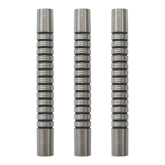 Dieses Bild zeigt ein Set von McDart Black Ring Softdart Barrels - 18g. Mehrere schwarze Dart-Barrels sind nebeneinander angeordnet.