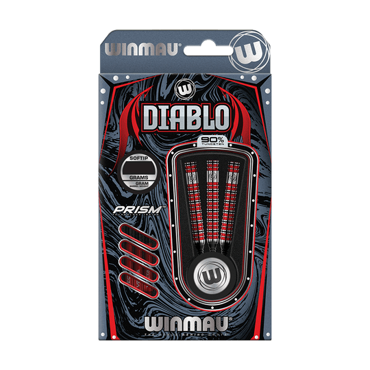 2463_Winmau_Diablo_Parallel_Softdarts_3 Die Abbildung zeigt die Verpackung der Winmau Diablo Parallel Softdarts mit 20 Gramm Gewicht. Die Darts sind überwiegend schwarz und rot gestaltet und bestehen zu 90 % aus Tungsten.