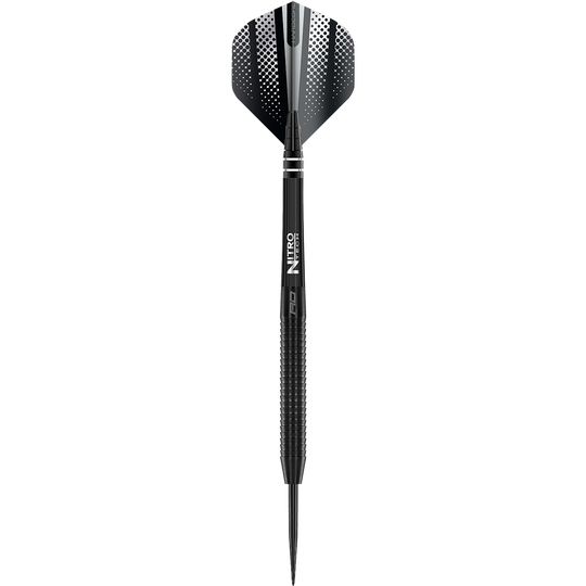 Red Dragon Razor Edge Black steel darts Das Bild zeigt einen schwarzen Steeldart mit dem Namen "Red Dragon Razor Edge". Der Dart hat ein modernes Design mit geriffeltem Griff und schwarzer Spitze.