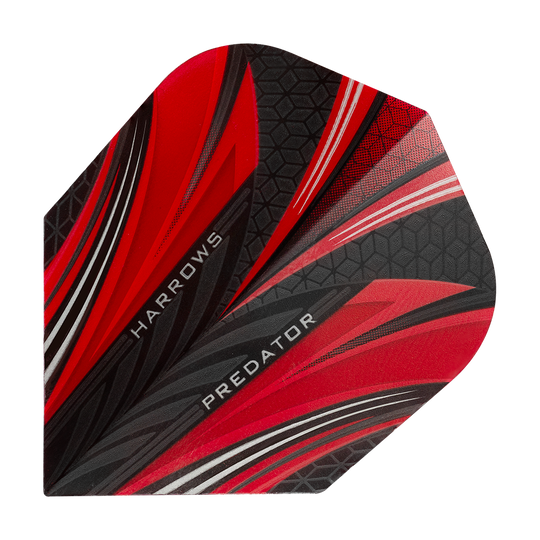HR7518_Harrows_Prime_Predator_Rot_No2_Standard_Flights_1 Das Bild zeigt ein Dart-Flight mit dem Namen "Harrows Prime Predator Rot No2 Standard Flights". Das Design ist hauptsächlich rot und schwarz mit weißen Akzenten und geometrischen Mustern.