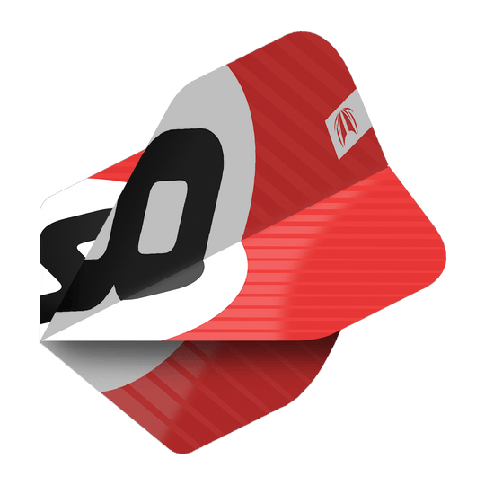 Das Bild zeigt das Produkt "Target Pro Ultra Chicane Red No2 Standard Flights - 3 Sets". Die Flights sind überwiegend rot mit einem auffälligen schwarzen und weißen Design.