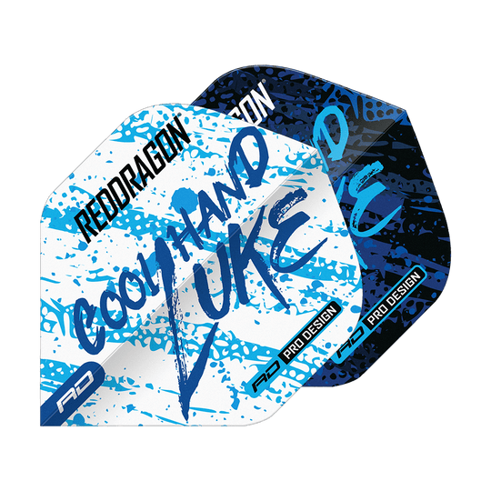 Red Dragon Luke Humphries World Champion Blue White Yin Yang Standard Flights Das Bild zeigt die Red Dragon Luke Humphries World Champion Blue White Yin Yang Standard Flights. Die Flights sind in Blau, Weiß und Schwarz mit auffälligem Schriftzug und Farbspritzern gestaltet.