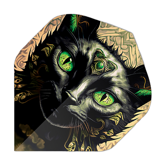 Pentathlon Flights Cat Das Bild zeigt ein Dartflight mit dem Motiv eines schwarzen Katers mit leuchtend grünen Augen. Die Details und Ornamente auf dem Katzenkopf geben dem Flight ein auffälliges, künstlerisches Design.