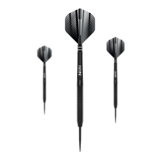 Red Dragon Razor Edge Black steel darts Das Bild zeigt drei Red Dragon Razor Edge Black Steeldarts. Die Darts sind schwarz und haben ein modernes, punktiertes Design auf den Flights.