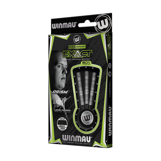 2448_Winmau_Michael_Van_Gerwen_Exact_Softdarts_3 Die Abbildung zeigt die Verpackung der "Winmau Michael Van Gerwen Exact Softdarts". In der Packung sind drei hochwertige Softdarts mit 90% Tungsten-Anteil enthalten.