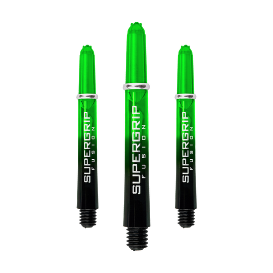 Das Bild zeigt drei grüne Harrows Supergrip Fusion Shafts. Die Shafts sind schwarz und grün mit weißer Aufschrift.