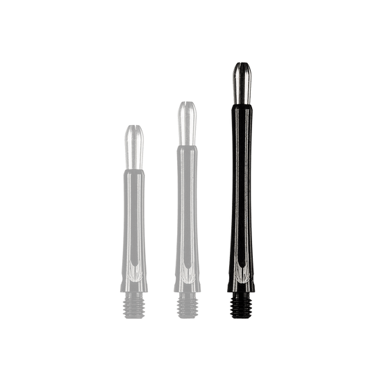 146210_Target_Grip_Style_Aluminium_Shafts_Schwarz_485mm_1dTTfEOE7NtZXb Das Bild zeigt drei schwarze Aluminiumschäfte für Darts in unterschiedlichen Längen. Die Schäfte haben silberne Details an den Enden.