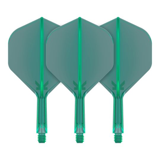 Target K-Flex No2 Standard Flight System - Green In der Aufnahme werden Dart-Flights mit klarer Linienführung gezeigt. Zwei Flights sind im Bild nebeneinander positioniert.