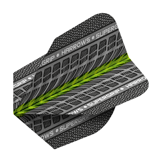HR73_Harrows_Supergrip_Gr-n_No6_Flights_2 Das Bild zeigt ein Dart-Flight mit dem Namen "Harrows Supergrip Grün No6 Flights". Das Flight ist grau mit schwarzen Mustern, weißen Schriftzügen und einem grünen Streifen in der Mitte.