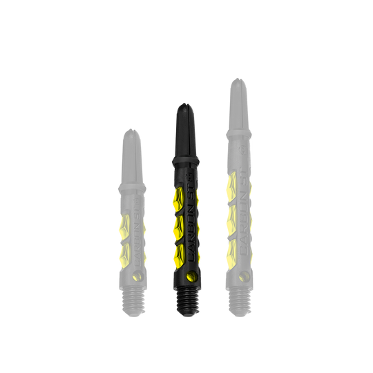 HR420_Harrows_Carbon_ST_Shafts_Gelb_40mm_1 Das Bild zeigt drei Harrows Carbon ST Shafts in der Farbe Gelb. Die Dartschäfte sind schwarz mit gelben Akzenten und in unterschiedlichen Längen abgebildet.