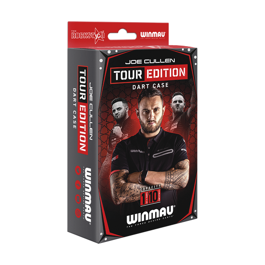 8422_Winmau_Joe_Cullen_Tour_Edition_Dartcase_3 Die Abbildung zeigt die Verpackung des "Winmau Joe Cullen Tour Edition Dartcase". Auf der Vorderseite sind Bilder von Joe Cullen sowie Informationen zur Kapazität und Marke zu sehen.