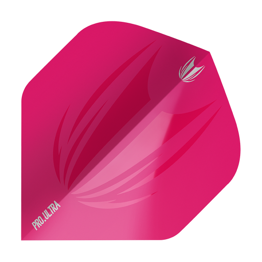 TG420_Target_ProUltra_ID_Pink_No2_Standard_Flights_1 Das Bild zeigt ein pinkes Dartflight mit dem Namen "Target ProUltra ID Pink No2 Standard Flights". Auf dem Flight ist ein stilisiertes Muster sowie der Schriftzug "PRO ULTRA" zu sehen.