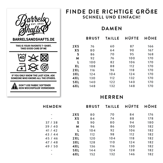Barrels and Shafts Hoodie - Black Das Bild zeigt die Größentabelle für das Produkt "Barrels and Shafts Hoodie - Schwarz" für Damen und Herren. Links sind außerdem Pflegehinweise für das Produkt abgebildet.