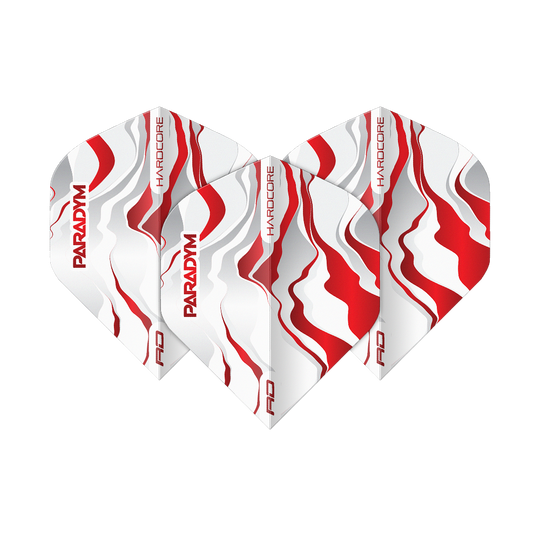 Abgebildet ist ein Set Red Dragon Hardcore Premium Paradym Red Premium No2 Standard Flights. Das Produkt zeigt hochwertige Dart-Flights in Standardgröße.