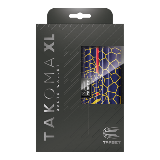 Das Bild zeigt die Verpackung des Produkts "Target Takoma Josh Rock XL Dartcase". Das Dartcase ist teilweise durch ein Fenster in der Verpackung sichtbar und hat ein buntes, grafisches Design.