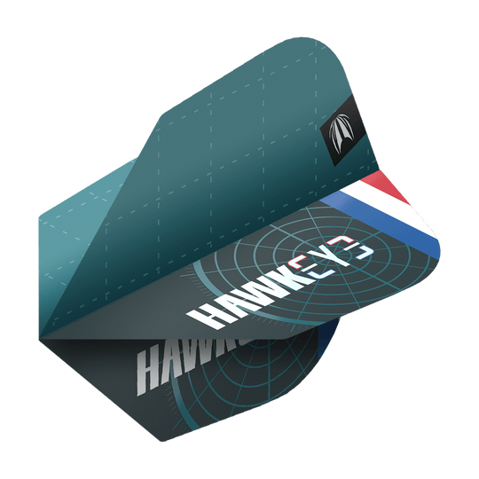 Das Bild zeigt die Target Pro Ultra Kevin Doets GEN1 No6 Flights in einem modernen Design. Auf den Flights steht "HAWKEYE" und sie sind mit einem Fadenkreuz-Muster sowie den Farben der niederländischen Flagge verziert.