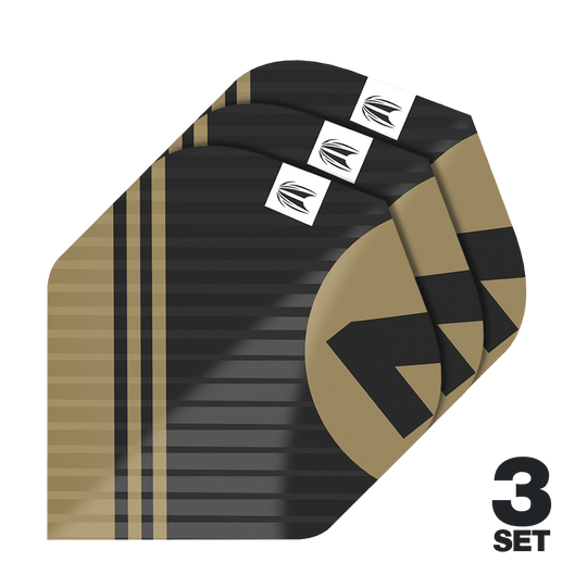 Target Pro Ultra Chicane Black No2 Standard Flights - 3 Sets Das Bild zeigt drei Sätze von Target Pro Ultra Chicane Black No2 Standard Flights. Die Flights sind schwarz-gold gestreift und besitzen ein modernes Design mit einem weißen Logo.