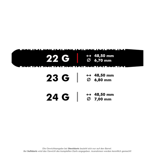 190209_Target_Rob_Cross_Black_Edition_2023_Swiss_Point_Steeldarts_5_22g Das Bild zeigt die technischen Daten eines Steeldarts mit einem Gewicht von 22 Gramm. Die Länge beträgt 48,50 mm und der Durchmesser 6,70 mm.