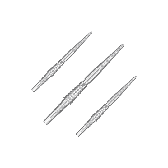 Target Swiss Storm LNC dart tips - silver Das Bild zeigt drei silberne Dartspitzen, die nebeneinander angeordnet sind. Sie haben eine geriffelte Struktur und sind aus Metall gefertigt.