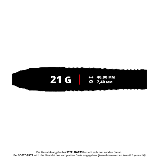 Caliburn Wolfpack W3 Steeldarts - 21g Das Bild zeigt die Produktdaten der Caliburn Wolfpack W3 Steeldarts mit einem Gewicht von 21 Gramm. Die Barrel-Länge beträgt 40,00 mm und der Durchmesser 7,40 mm.