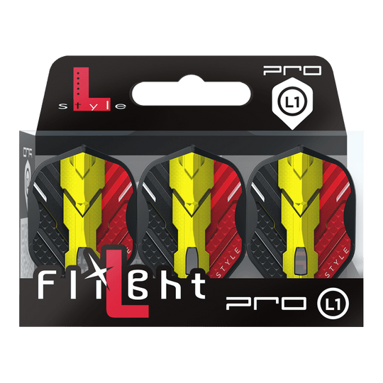 L-Style V-Series V1 Type C Belgium Black L1PRO Flights Das Bild zeigt eine Packung mit drei Dart-Flights der Marke L-Style, Modell V-Series V1 Type C Belgium Black L1PRO. Die Flights haben ein Design in den Farben Schwarz, Rot und Gelb, inspiriert von der belgischen Flagge.