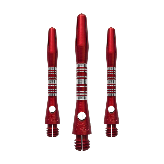 Bulls NL Supra Aluminum Shafts - Red - 34 mm Dieses Bild zeigt die Bulls NL Supra Aluminium Shafts in Rot, 34 mm lang, als Set. Die Schäfte sind robust und ideal für Dartspieler.