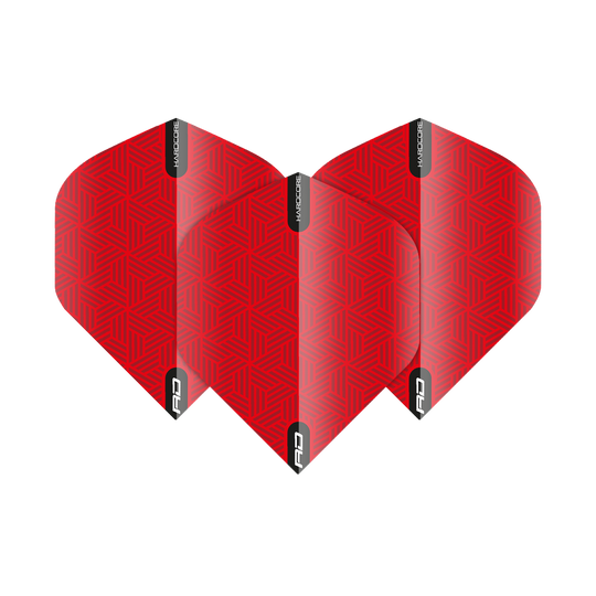 Das Bild zeigt die "Red Dragon Hardcore Red Standard Flights". Die Flights sind rot mit einem geometrischen Muster und schwarzen Markierungen.