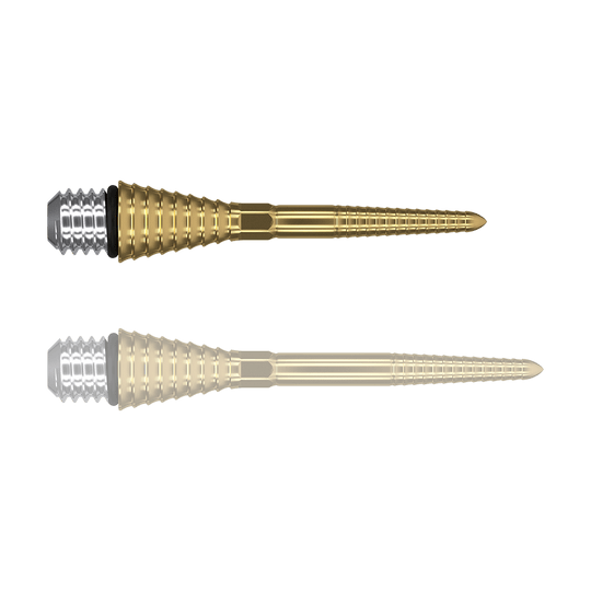 Das Bild zeigt zwei goldfarbene, gerillte Spitzen mit silbernem Schraubkopf. Sie sind vermutlich Ersatz- oder Konversionsspitzen für Darts.