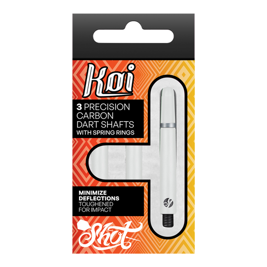 Shot Koi Carbon Shafts - White Die Verpackung zeigt drei präzise Carbon-Dartschäfte mit Sprengringen der Marke Koi. Sie sind darauf ausgelegt, Ablenkungen zu minimieren und für eine hohe Schlagfestigkeit verstärkt.