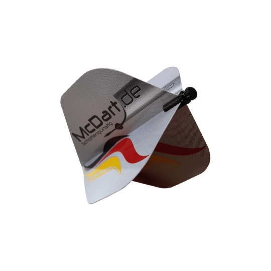607_Alu_Flightschoner_Schwarz_2 Auf dem Bild ist der Alu Flightschoner abgebildet, ein Zubehörteil für Dartpfeile. Er schützt die Dart-Flights und trägt das Logo "McDart.de" sowie ein Muster in den Farben Schwarz, Rot und Gelb.