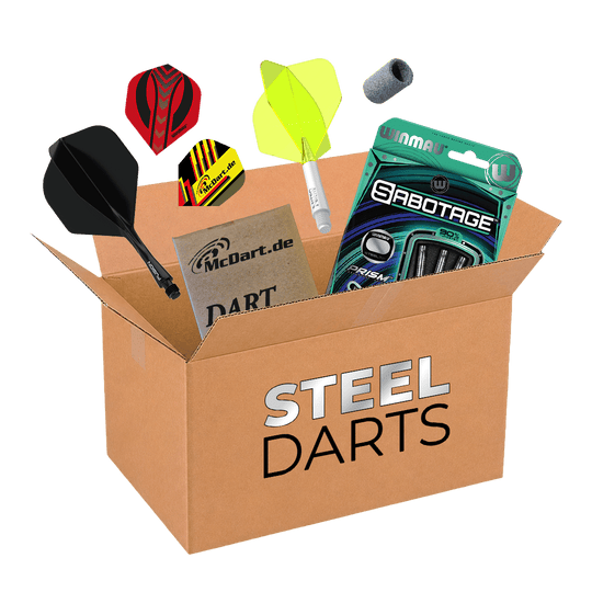 Auf dem Bild befindet sich die McDart Mystery-Box - Steeldarts. Die Box beinhaltet verschiedene Steeldarts und Zubehör.