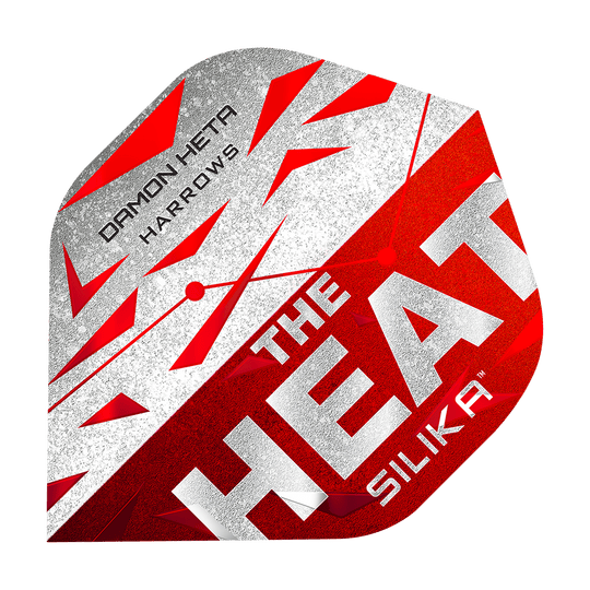 Harrow's Silika Damon Heta Series 3 Flights Das Bild zeigt ein Dart-Flugblatt mit dem Namen "Harrows Silika Damon Heta Series 3 Flights". Es ist in den Farben Rot, Weiß und Silber gestaltet und trägt die Aufschrift "THE HEAT SILIKA" sowie "DAMON HETA HARROWS".