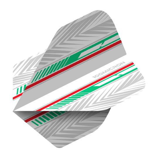 Pentathlon Flights white/green/red Das Bild zeigt ein Dart-Flight mit einem Muster aus weißen, grünen und roten Linien. Auf dem Flight steht die Aufschrift „100 MICRON“.
