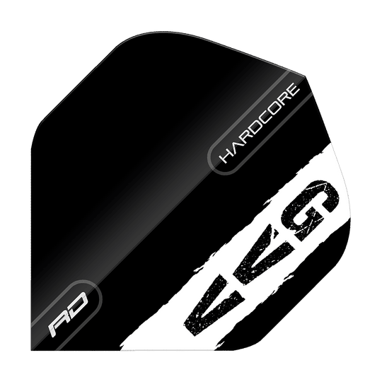 Das Bild zeigt ein schwarzes Dart-Flight mit weißen und grauen Akzenten. Auf dem Flight stehen die Wörter "HARDCORE", "RD" und die Buchstaben "GVG".