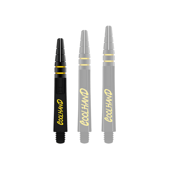 Red Dragon Nitrotech Luke Humphries Coolhand Shafts - Black Das Bild zeigt drei schwarze Dartschäfte mit gelber Schrift, auf denen "COOLHAND" steht. Die Schäfte haben gelbe Ringe und sind 36 mm lang.