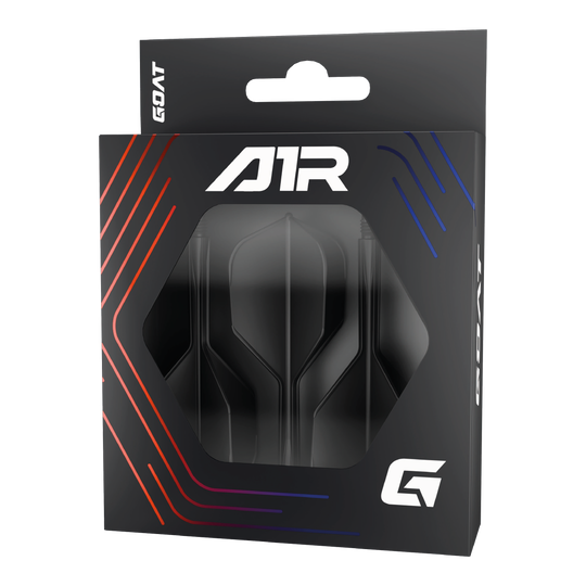 Die Abbildung zeigt die Verpackung des Produkts „GOAT A1R No6 Flight-Shaft-System - Schwarz“. In der schwarzen Schachtel sind Flights und Shafts für Dartpfeile sichtbar.