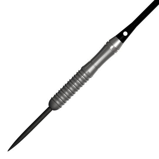 Bulls NL Lightning Pink steel darts Das Bild zeigt einen silbernen Steeldartpfeil mit einem geriffelten Griff. Es handelt sich um das Produkt "Bulls NL Lightning Pink Steeldarts".